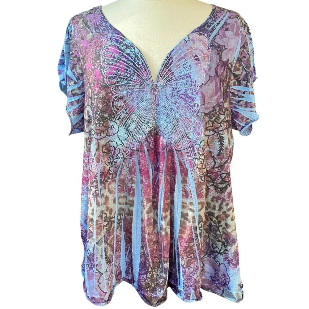 Live and Let Live Embroidered Butterfly Shirt Animal Print Floral Y2K 90s Sz 3X